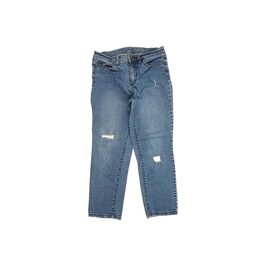 Denim&Co Distressed Ankle Women's size‎ 4P Medium Blue Denim Jeans